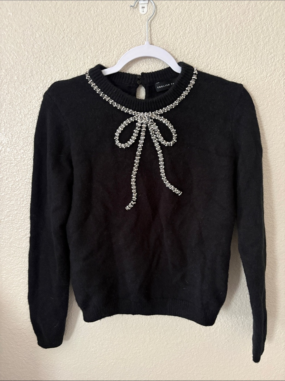 English Factory Black Crewneck Sweater with Embellished Jeweled Bow